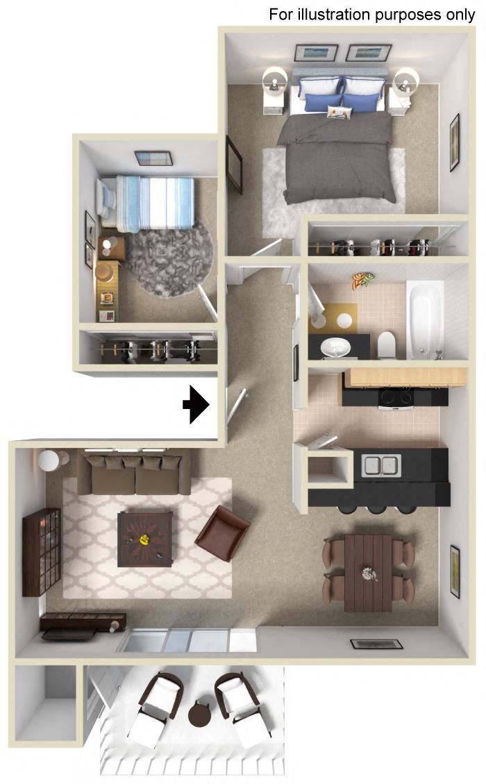 Floor plan for 2 beds, 1 bath, 875 sqft